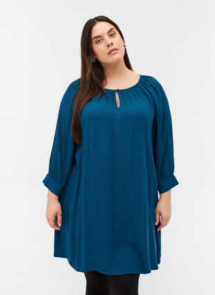 Viscose tunic with 3/4 sleeves, Majolica Blue, Model image number 0