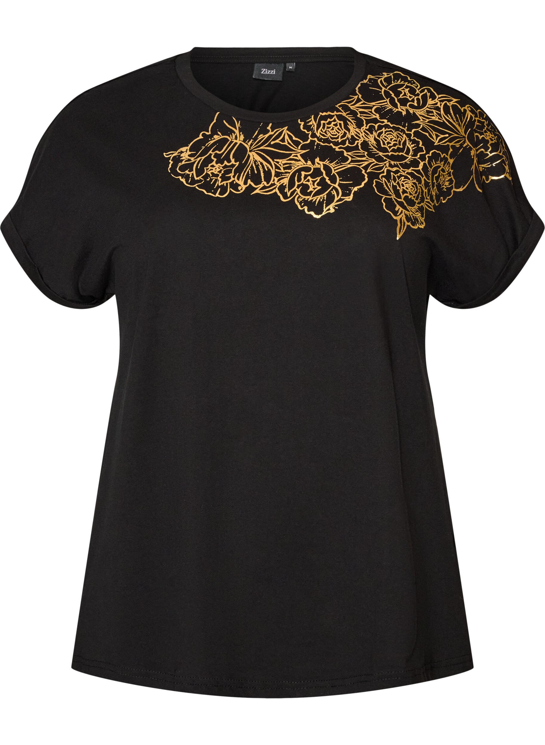 ZizzifashionCotton T-shirt with floral print, Black, Packshot image number 0