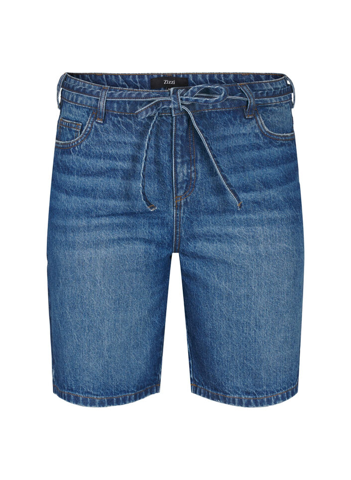 Straight fit denim shorts with tie belt, Blue, Packshot