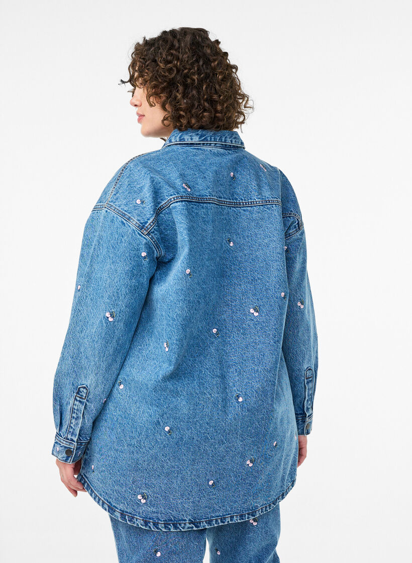 Denim shirt with embroidered motifs, Light Blue, Model image number 2
