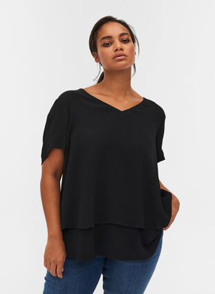 Viscose blouse with 2/4 sleeves and pleat, Black, Model image number 0