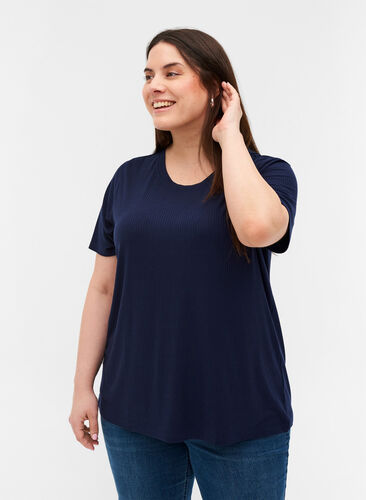 Short-sleeved t-shirt in ribbed fabric, Navy Blazer, Model image number 0