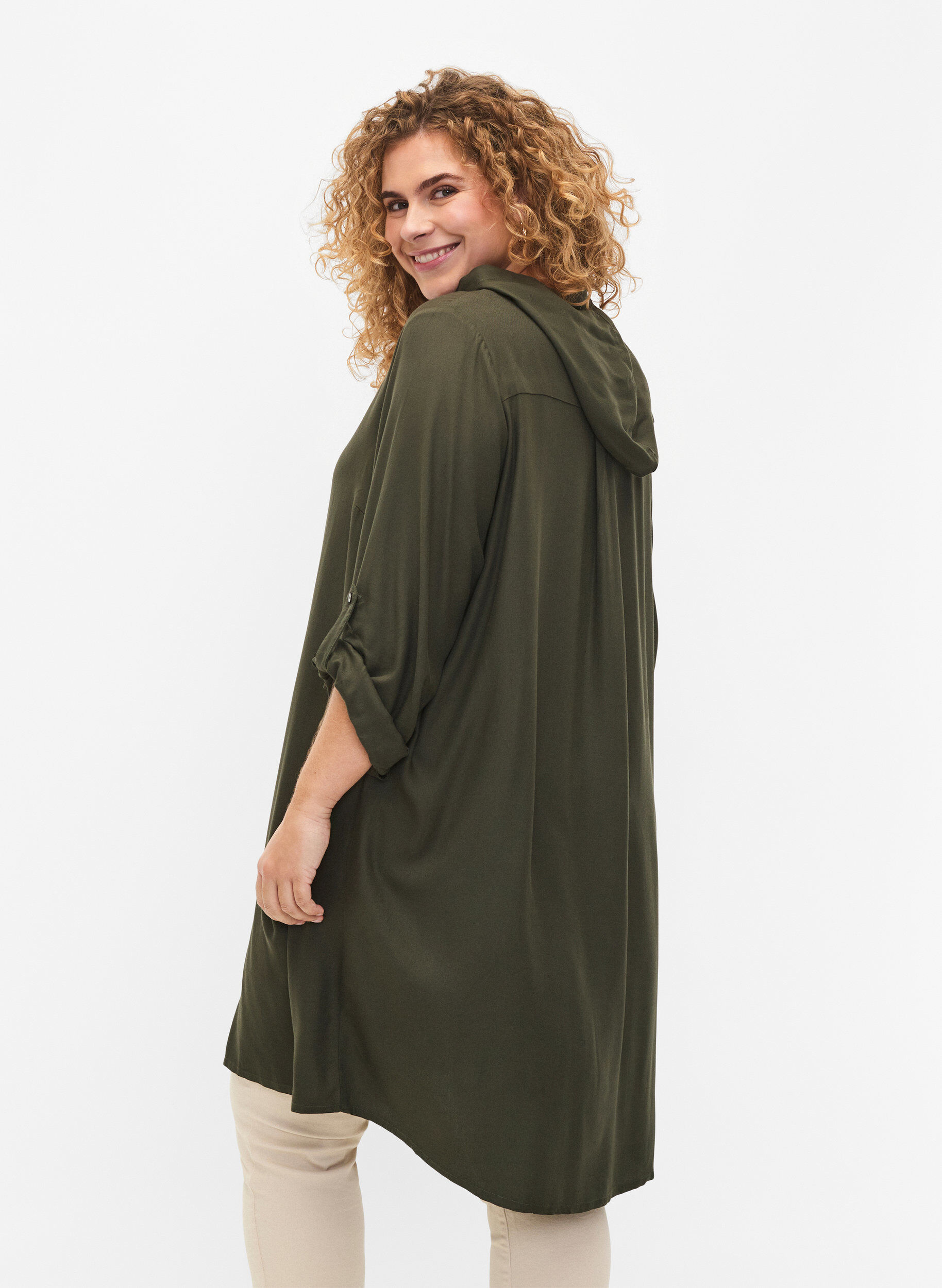 Zizzifashion Shirt dress in viscose with hood and 3/4 sleeves, Thyme, Model image number 1