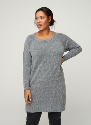 Long-sleeved knitted dress with a round neck, Dark Grey Melange, Model image number 0