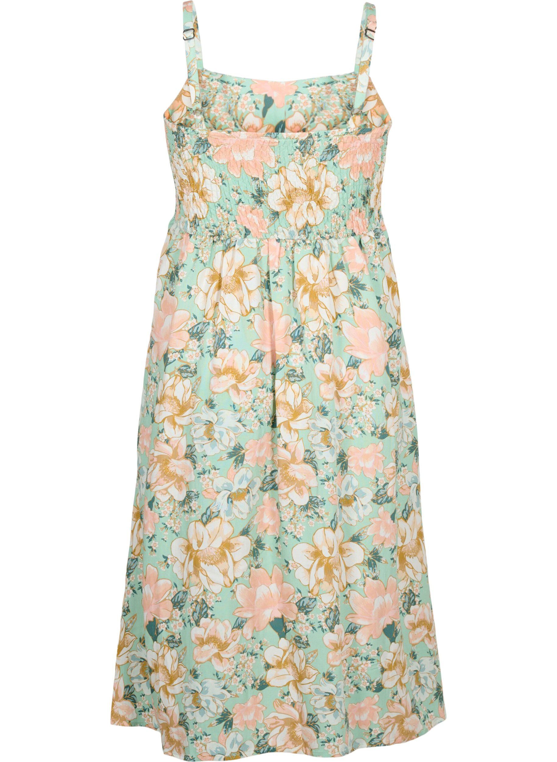 Zizzifashion Floral viscose strap dress with smocking, Green Flower, Packshot image number 1