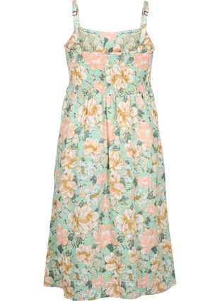Floral viscose strap dress with smocking, Green Flower, Packshot image number 1