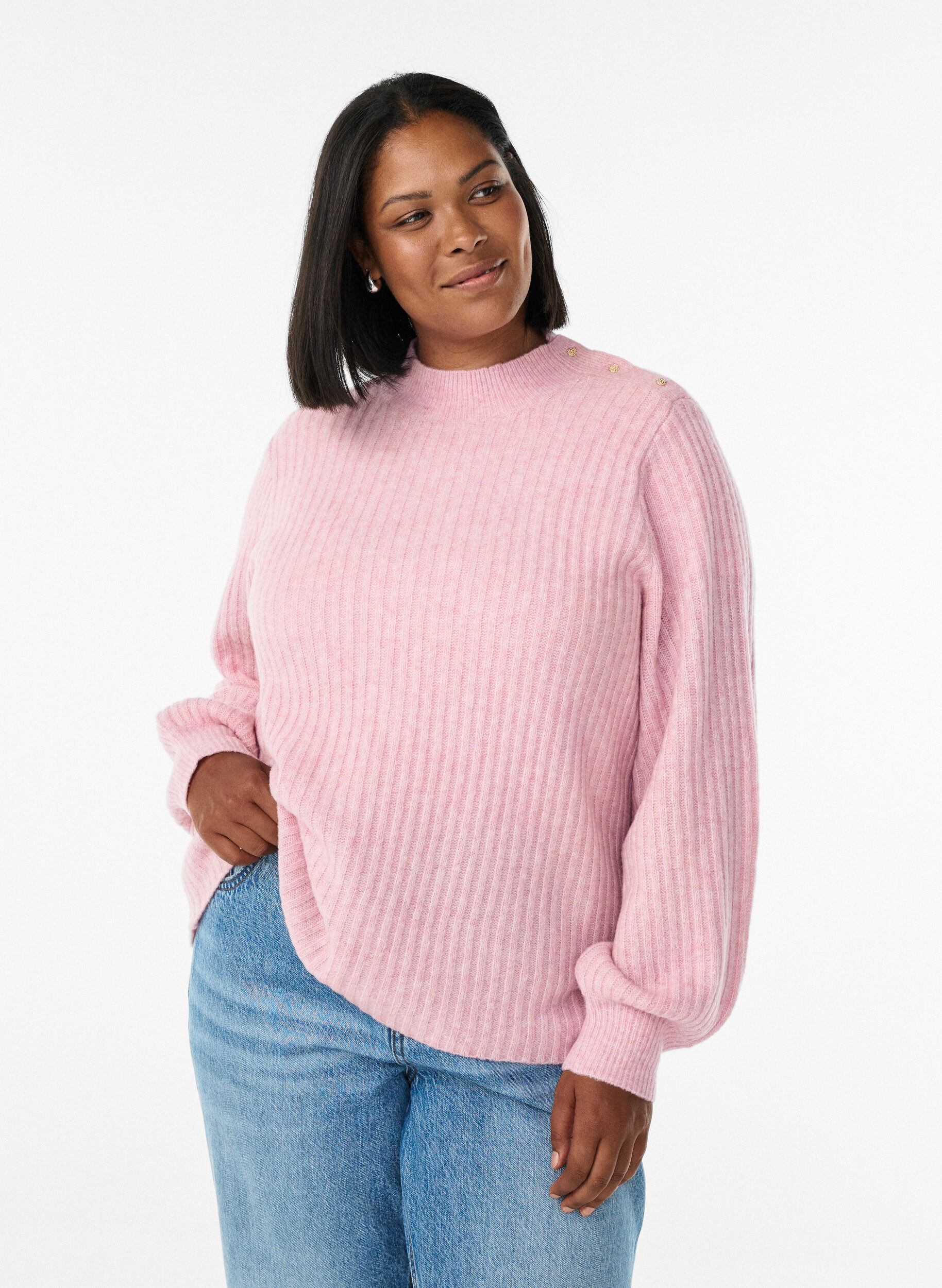 ZizzifashionRibbed jumper with puff sleeves and buttons, Red, Model image number 0