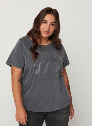 Cotton t-shirt with studs and smocking, Grey Wash, Model image number 0