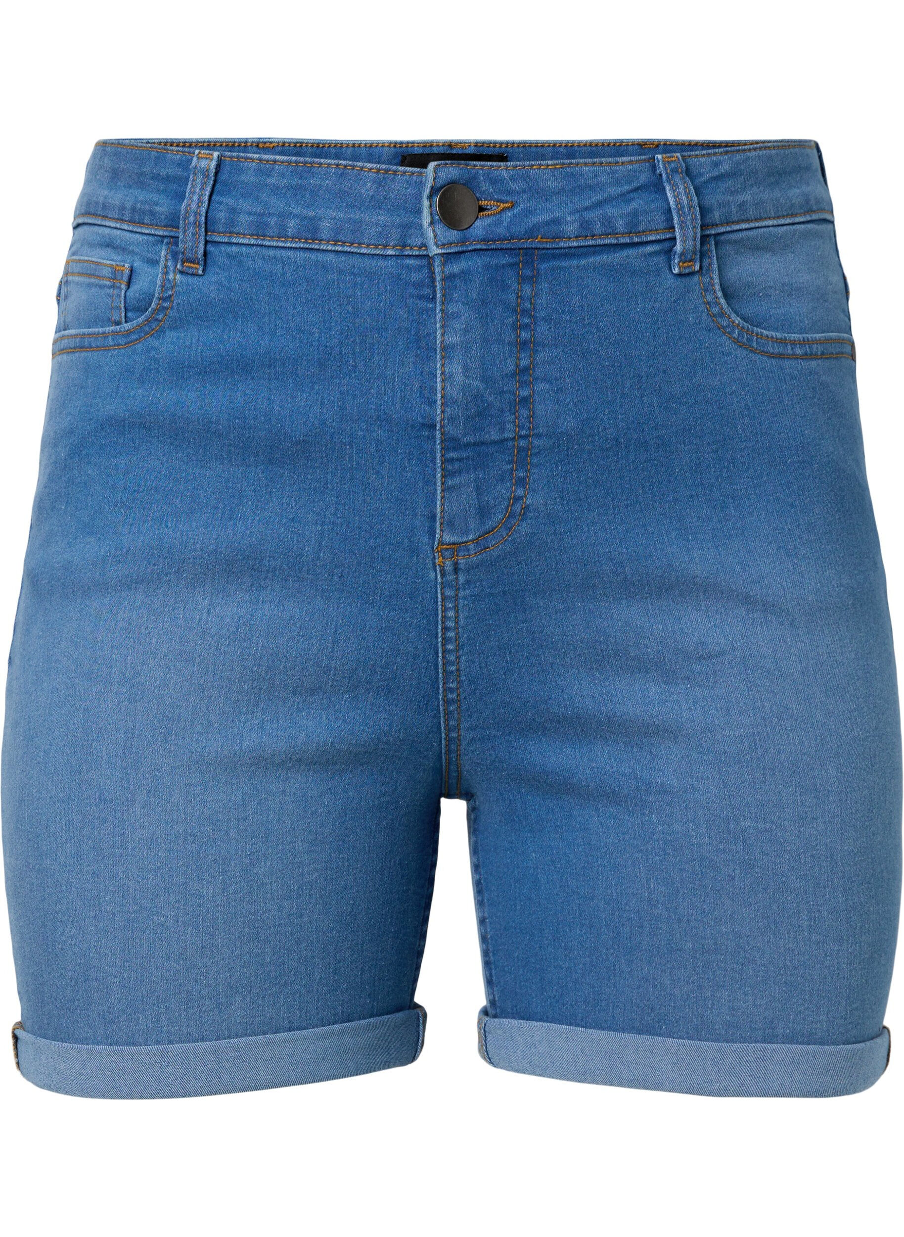 Zizzifashion High waisted denim shorts with slim fit, Medium Blue Denim, Packshot image number 0