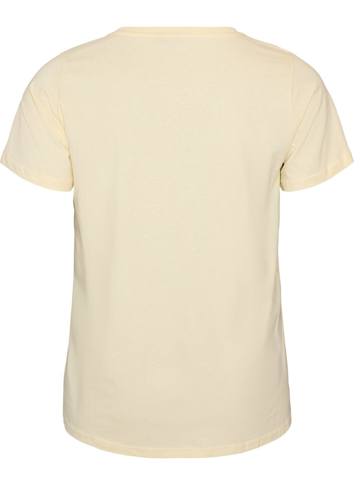 Cotton T-shirt with front print and V-neck, Beige, Packshot image number 1