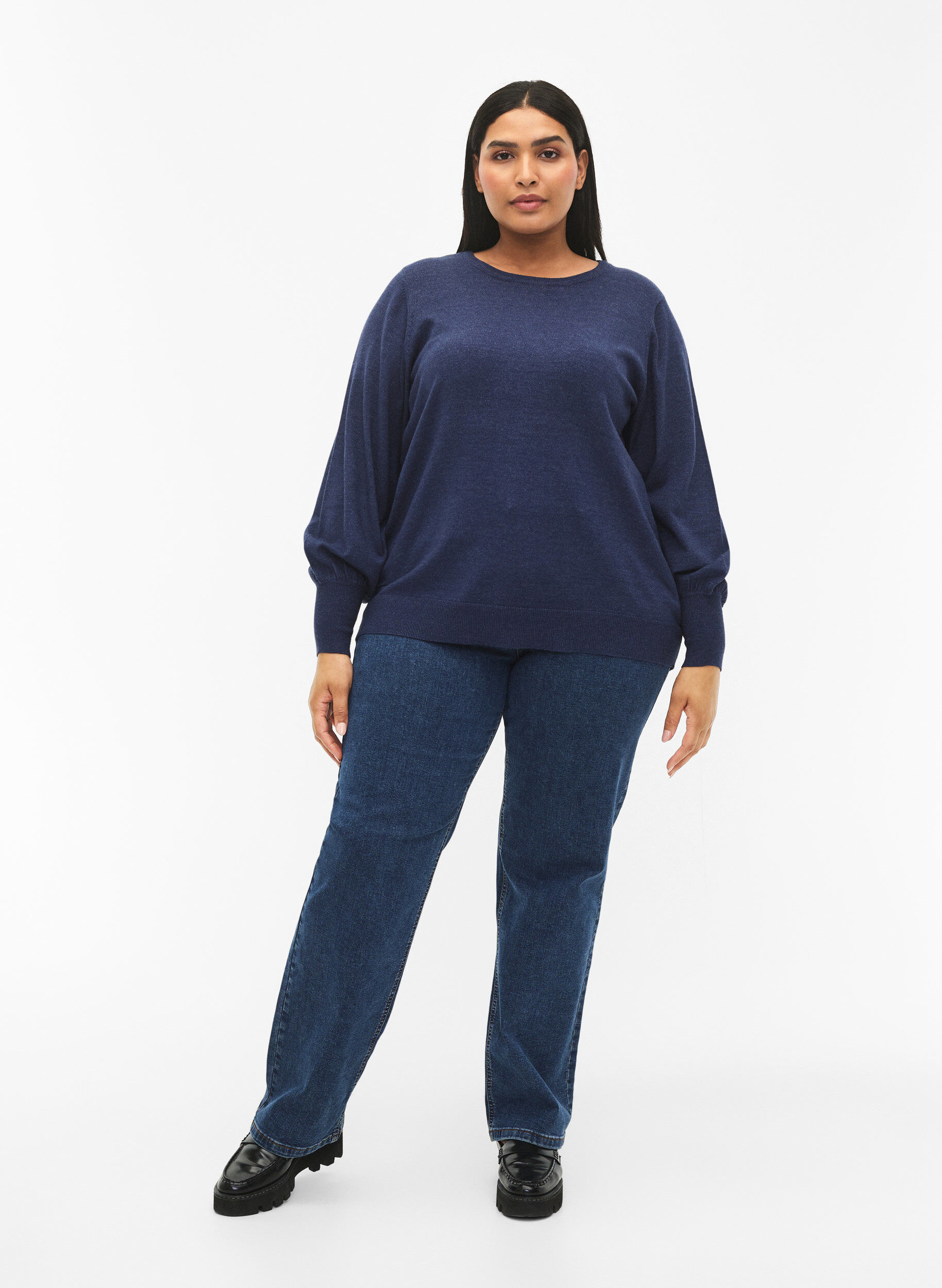 Zizzifashion Knitted blouse with viscose and balloon sleeves, Dress Blues Mel., Model image number 2