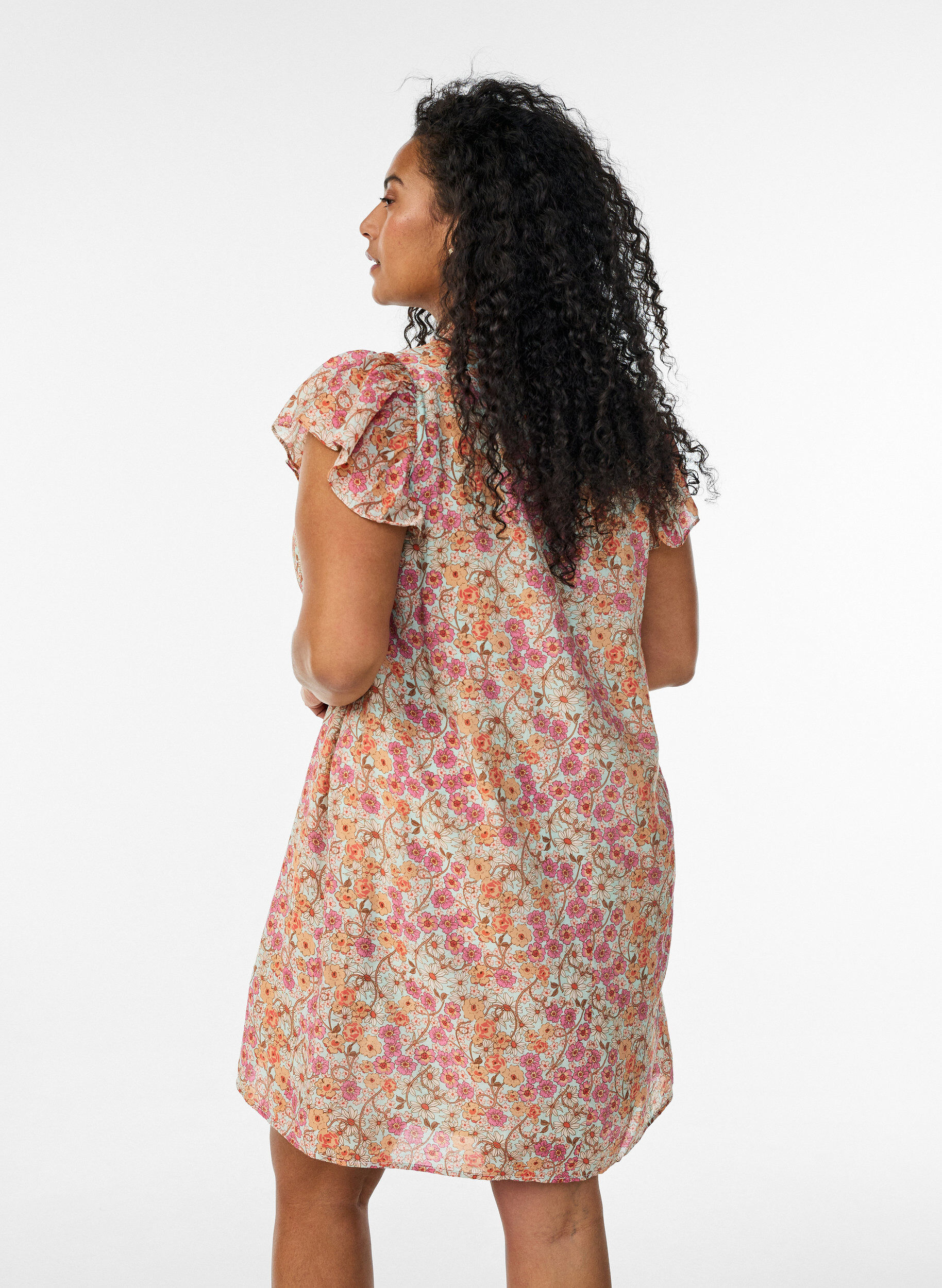 Zizzifashion Short viscose dress with smocking and floral print, Orange, Model image number 2