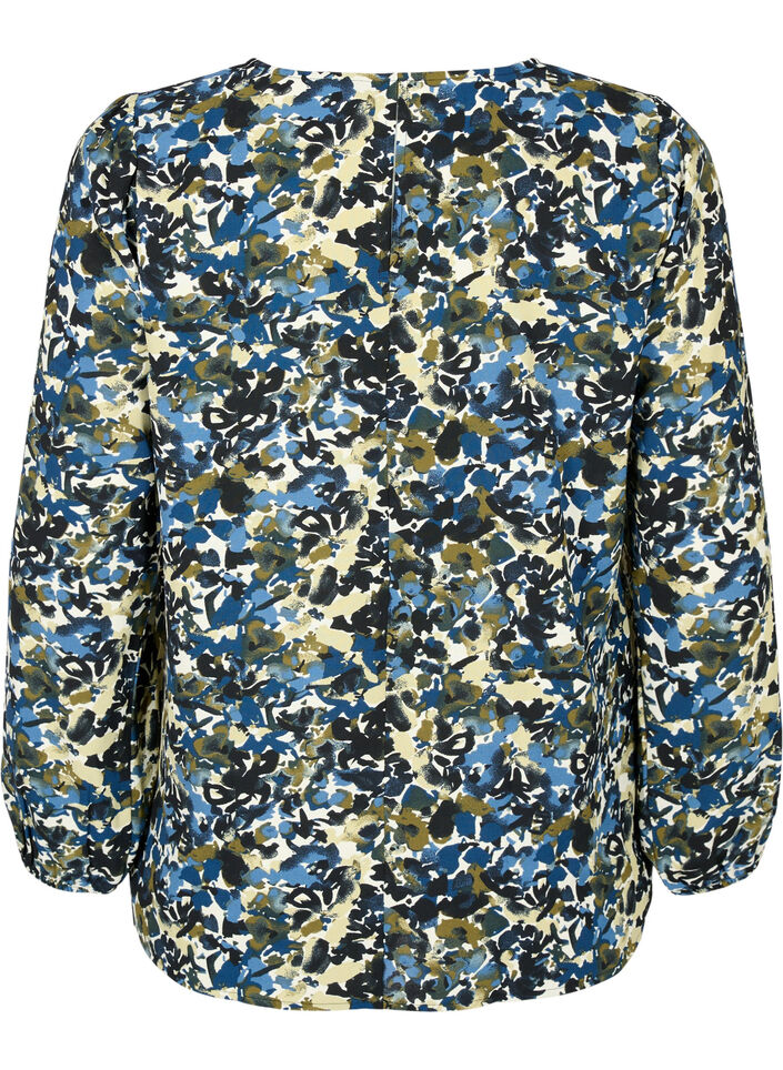 Blouse with puff sleeves, Blue Green AOP, Packshot image number 1
