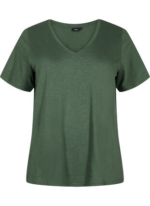 Short-sleeved basic t-shirt with v-neck, Thyme, Packshot image number 0