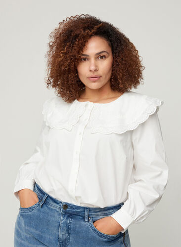 Cotton shirt with a large collar, Bright White, Model image number 0