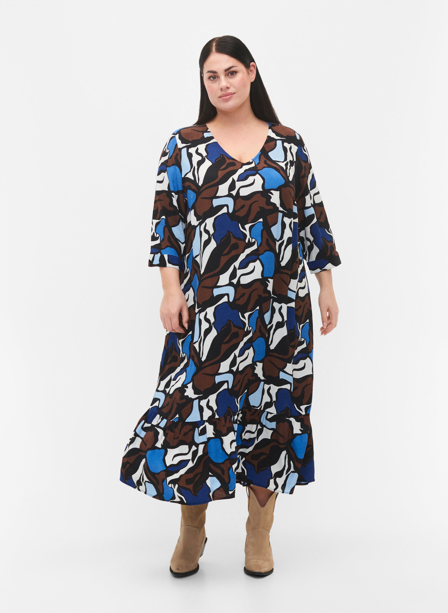 Zizzifashion Dress in viscose with print and 3/4 sleeves, Zafia AOP, Model image number 0