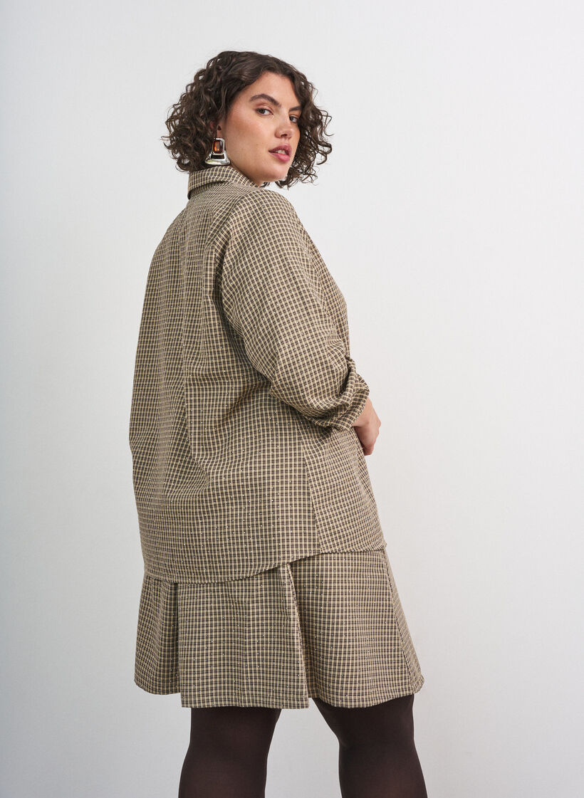 Skirt with a mini-check pattern and rhinestones, Brown, Model image number 2