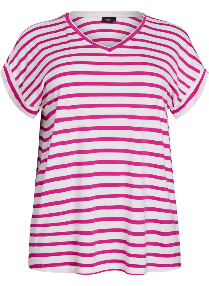 Striped T-shirt with V-neck, Rose, Packshot image number 0