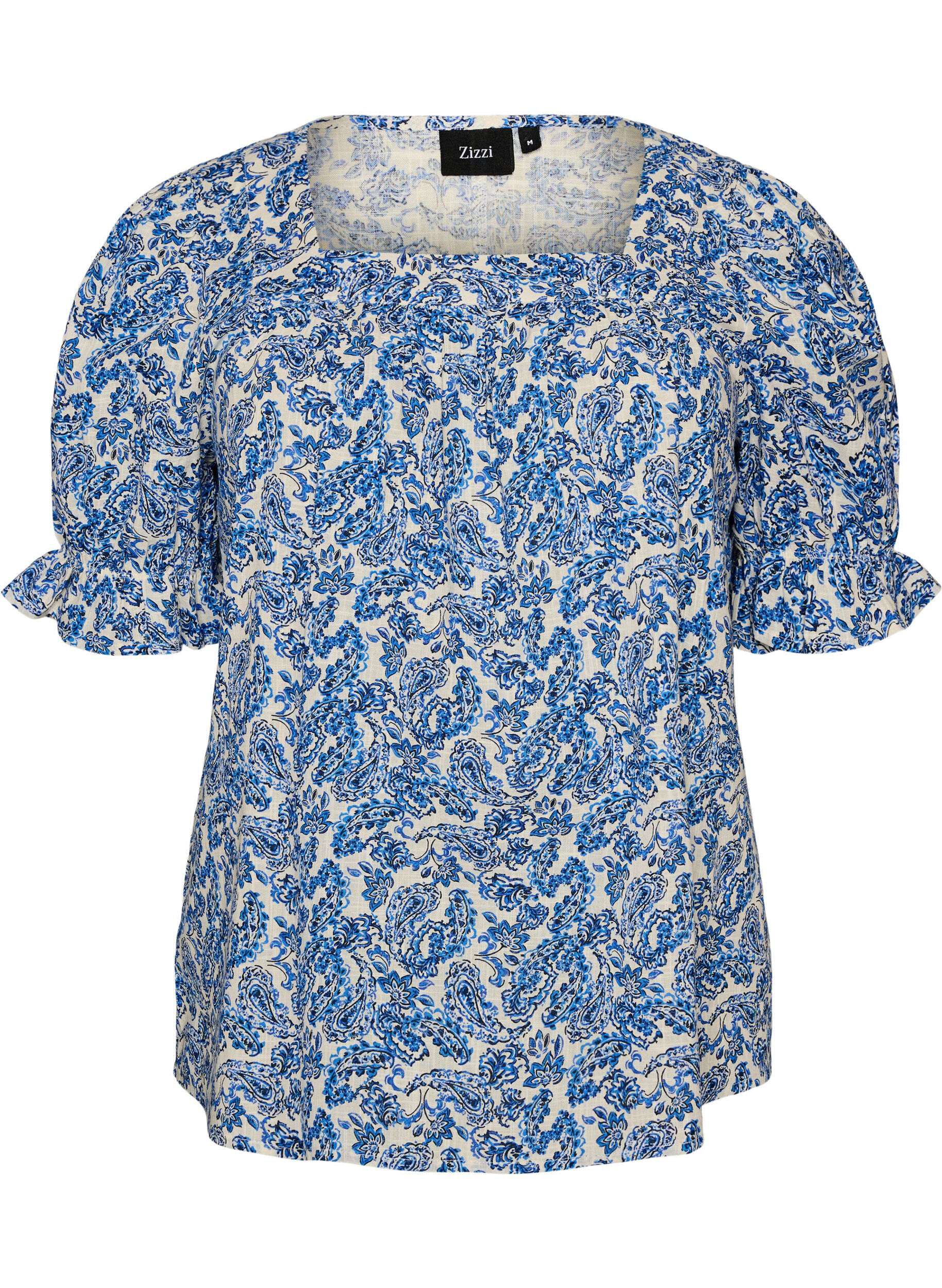 Zizzifashion Cotton blouse with a square neckline, Blue, Packshot image number 0