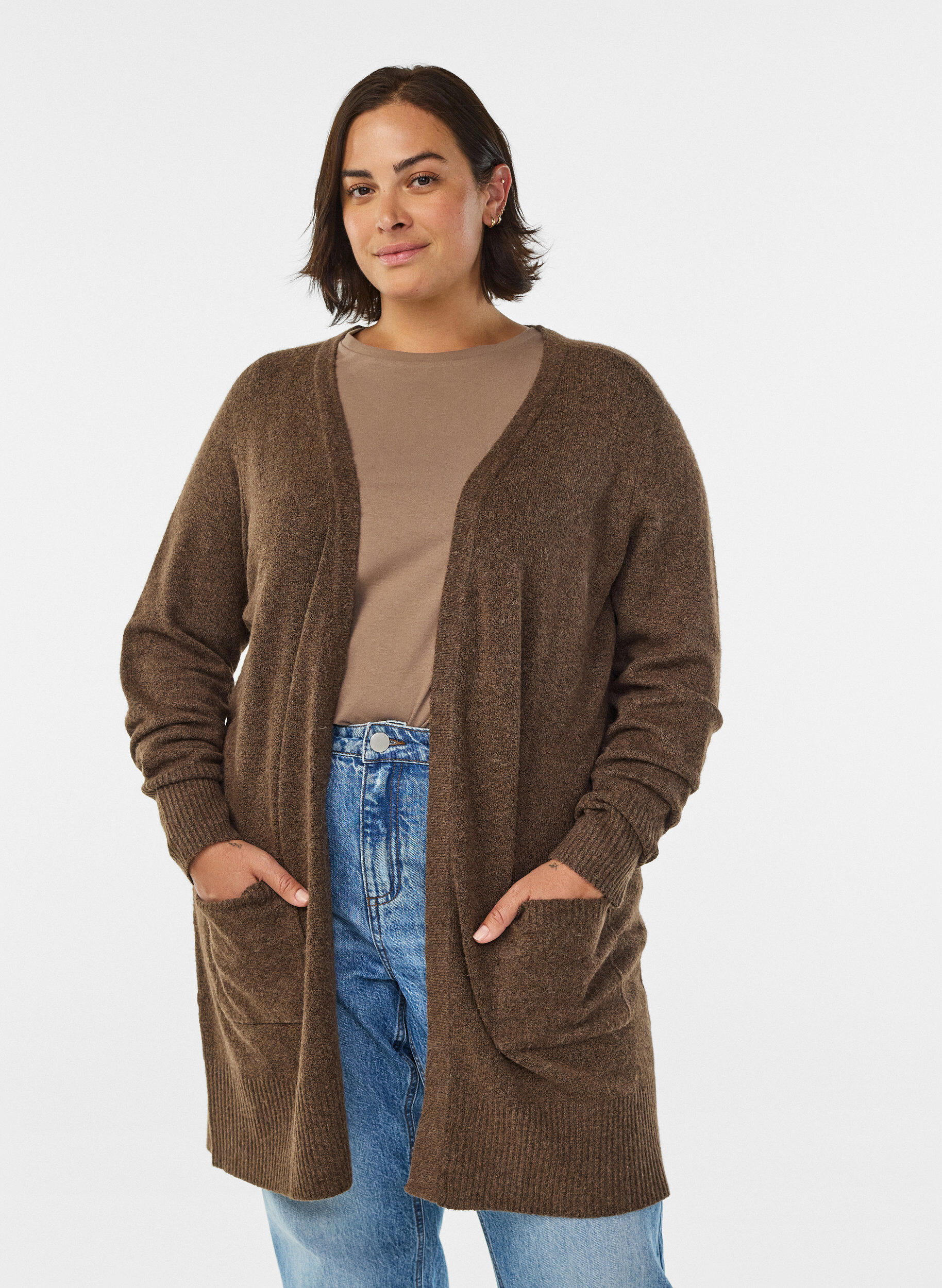 Zizzifashion Ribbed Knit Cardigan with Pockets, Brown, Model image number 0