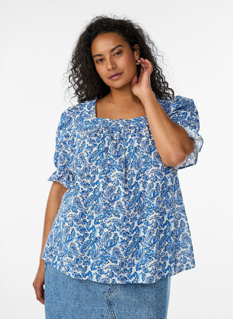 Cotton blouse with a square neckline, Blue, Model image number 0