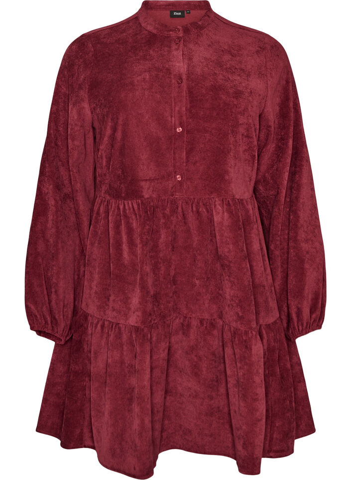 Corduroy dress with A-line shape and stand collar, Red, Packshot image number 0