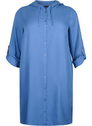 Shirt dress in viscose with hood and 3/4 sleeves, Moonlight Blue, Packshot image number 0