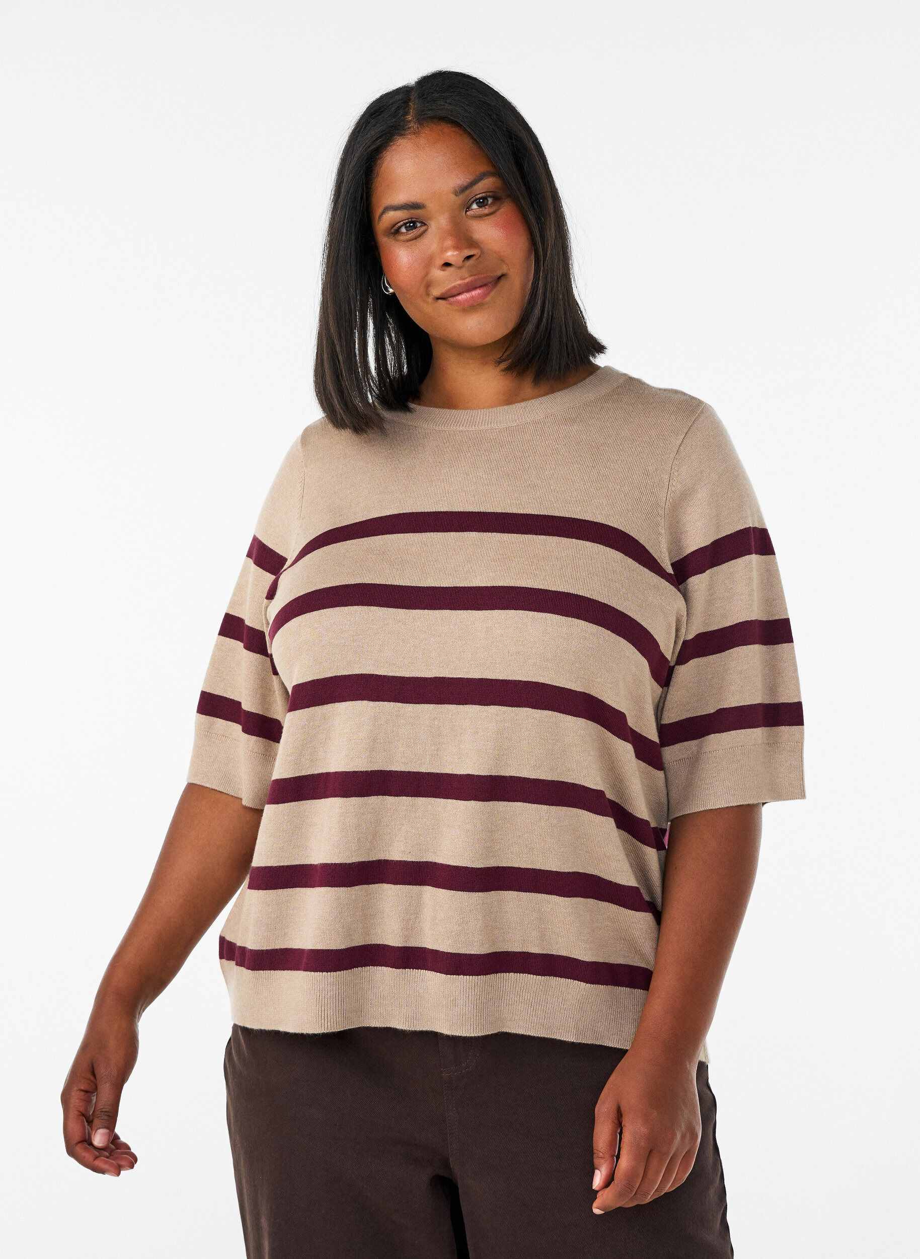 ZizzifashionStriped knit top with short sleeves, Beige, Model image number 0