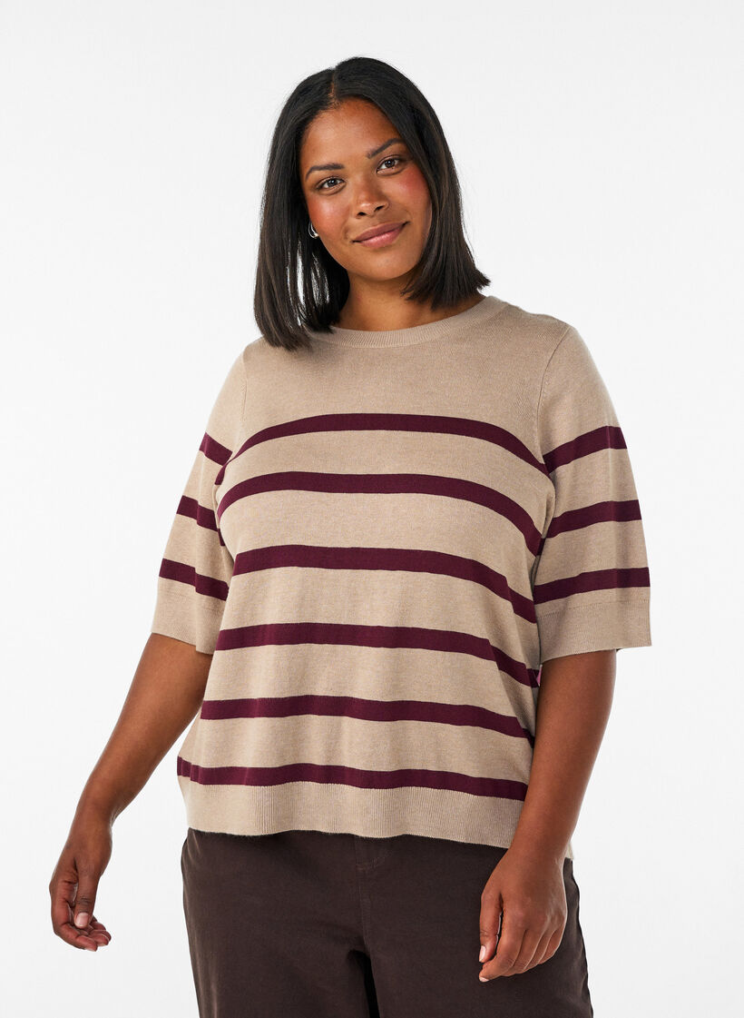 Striped knit top with short sleeves, Beige, Model image number 0