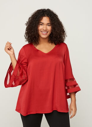 Plain blouse with 3/4 length sleeves and a V-neck, Haute Red, Model image number 0
