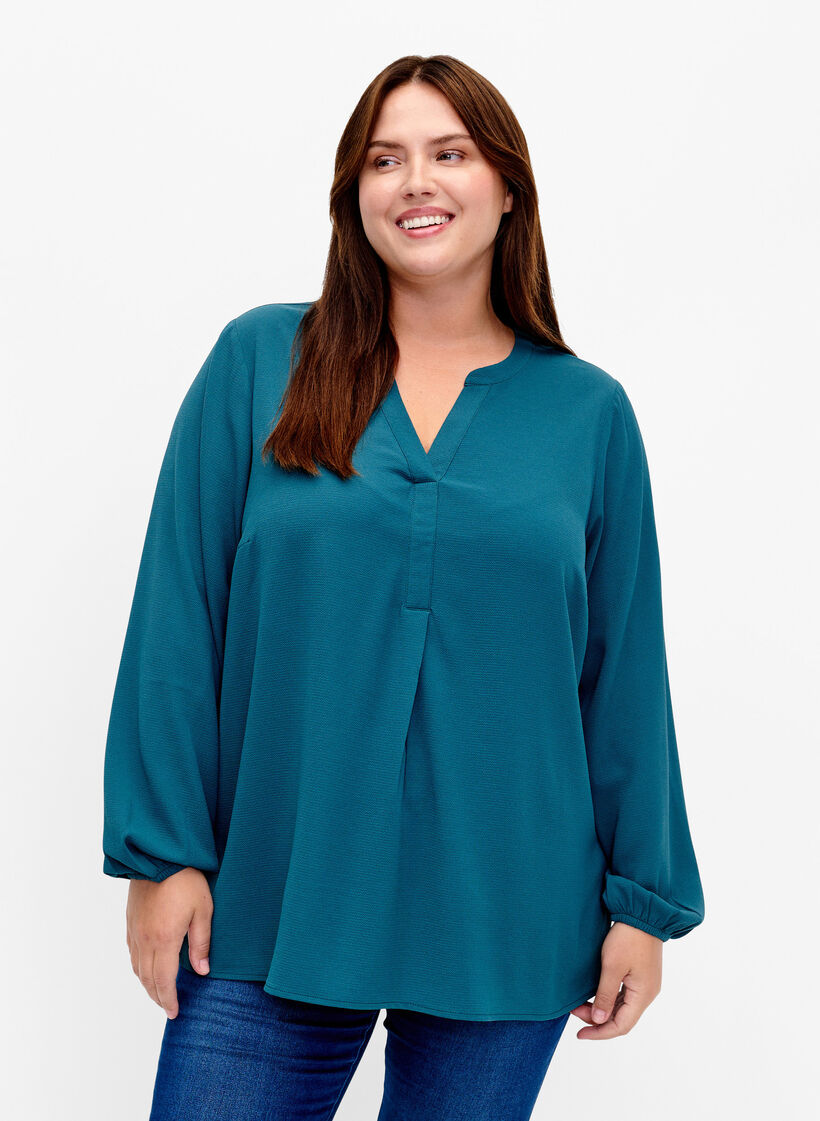 Plain colour top with v-neck, Deep Teal, Model image number 0
