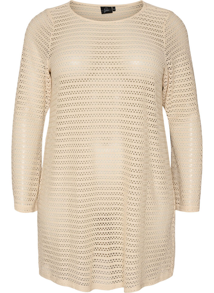 Beach dress with eyelet embroidery and long sleeves, Beige, Packshot