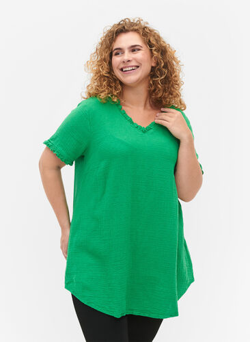 Short-sleeved cotton tunic with ruffles, Bright Green, Model image number 0