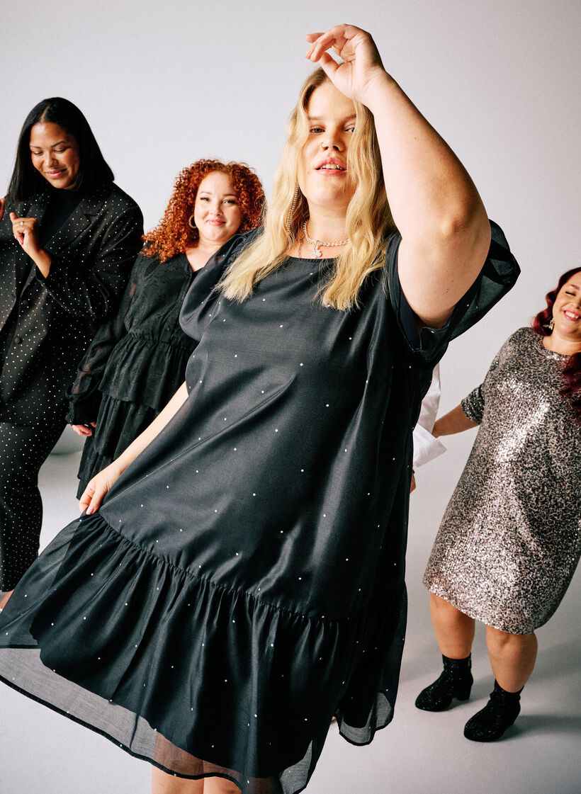 Knee-length party dress with sheer sleeves, Black, Image image number 0