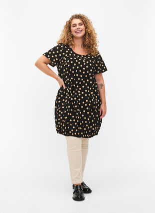 Short-sleeved cotton dress with floral print, Black W. dot, Model image number 2