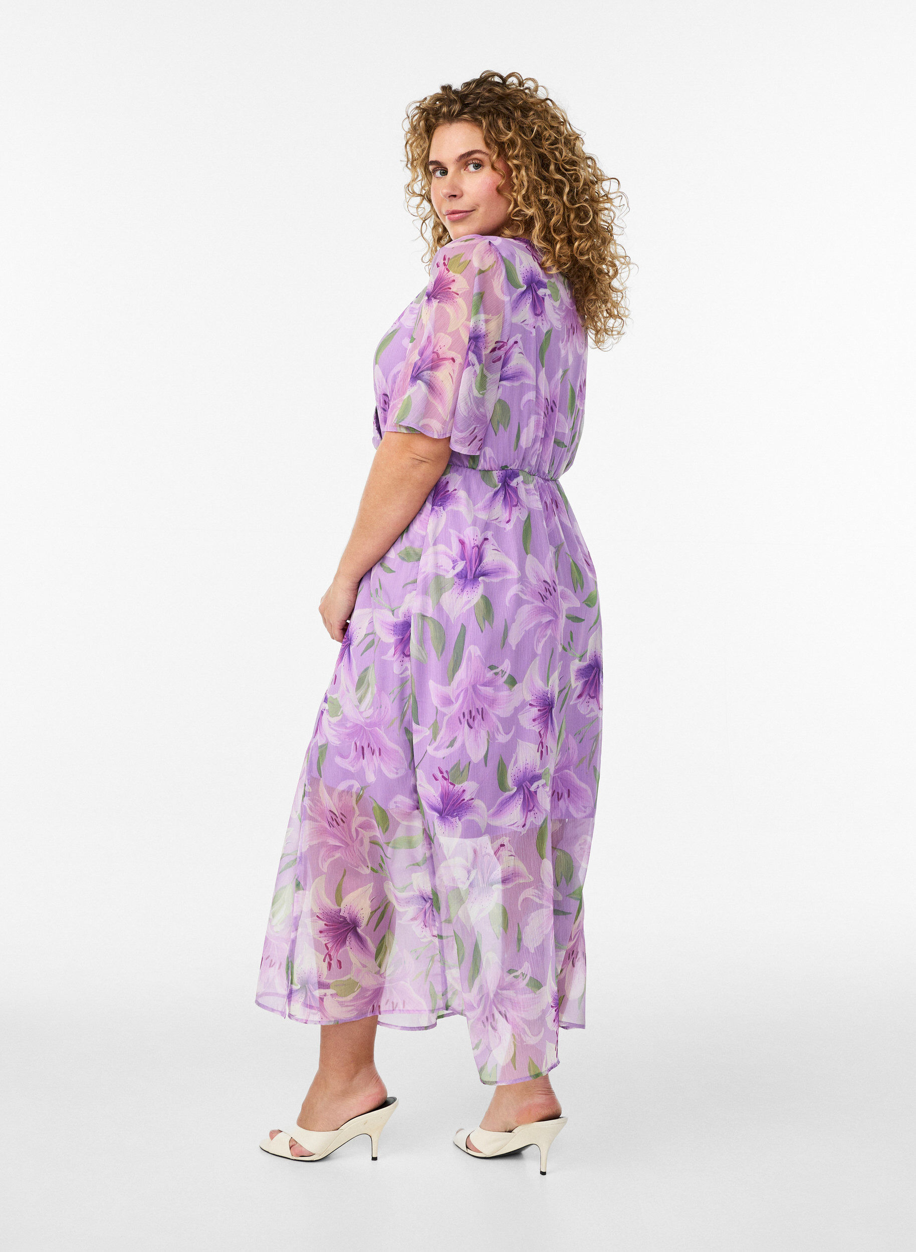 Zizzifashion Long chiffon dress with floral print and short sleeves, Purple, Model image number 1