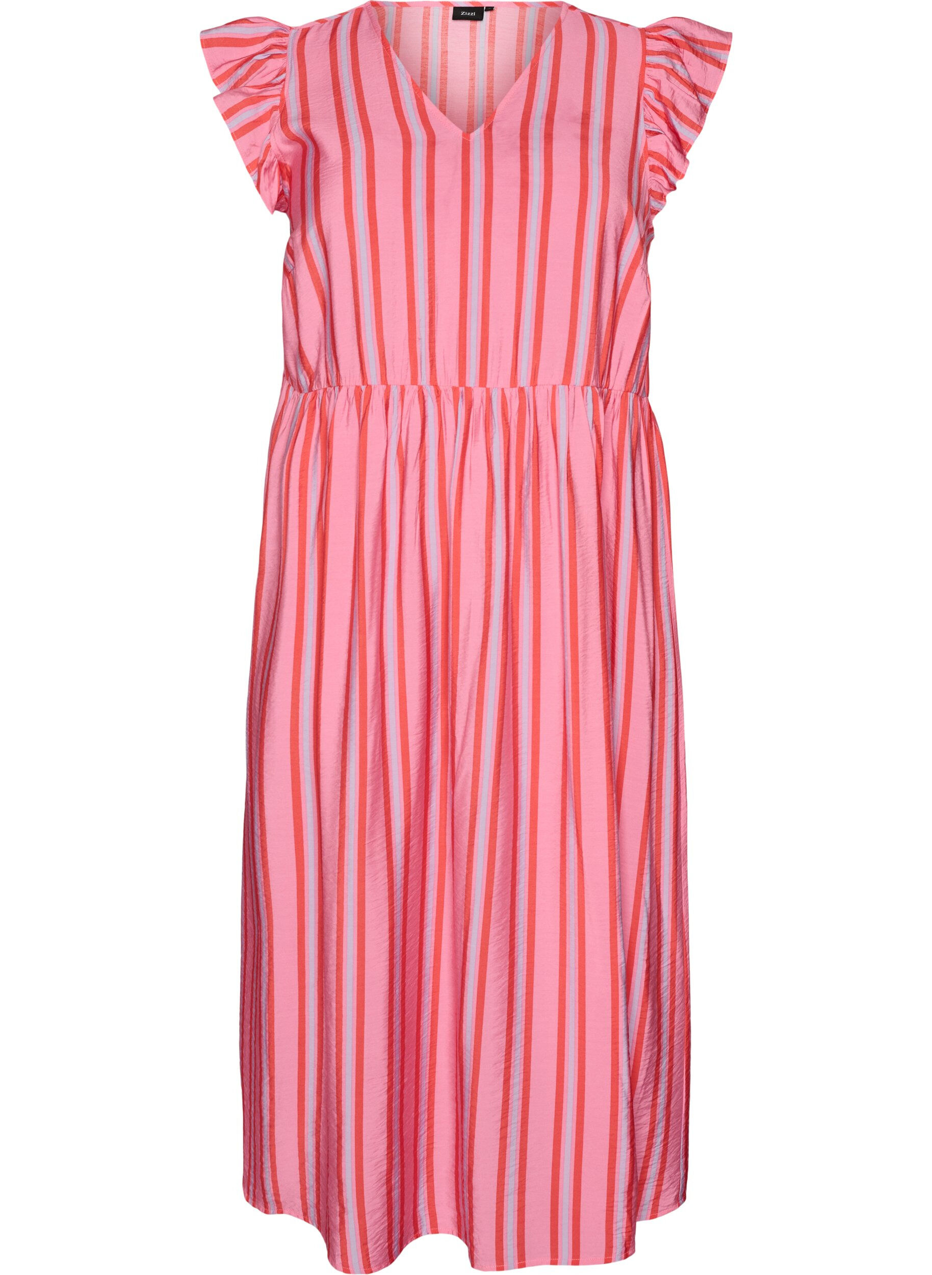 Zizzifashion Striped midi dress with an empire cut and ruffles, Pink, Packshot image number 0