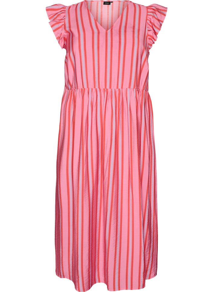 Striped midi dress with an empire cut and ruffles, Pink, Packshot image number 0