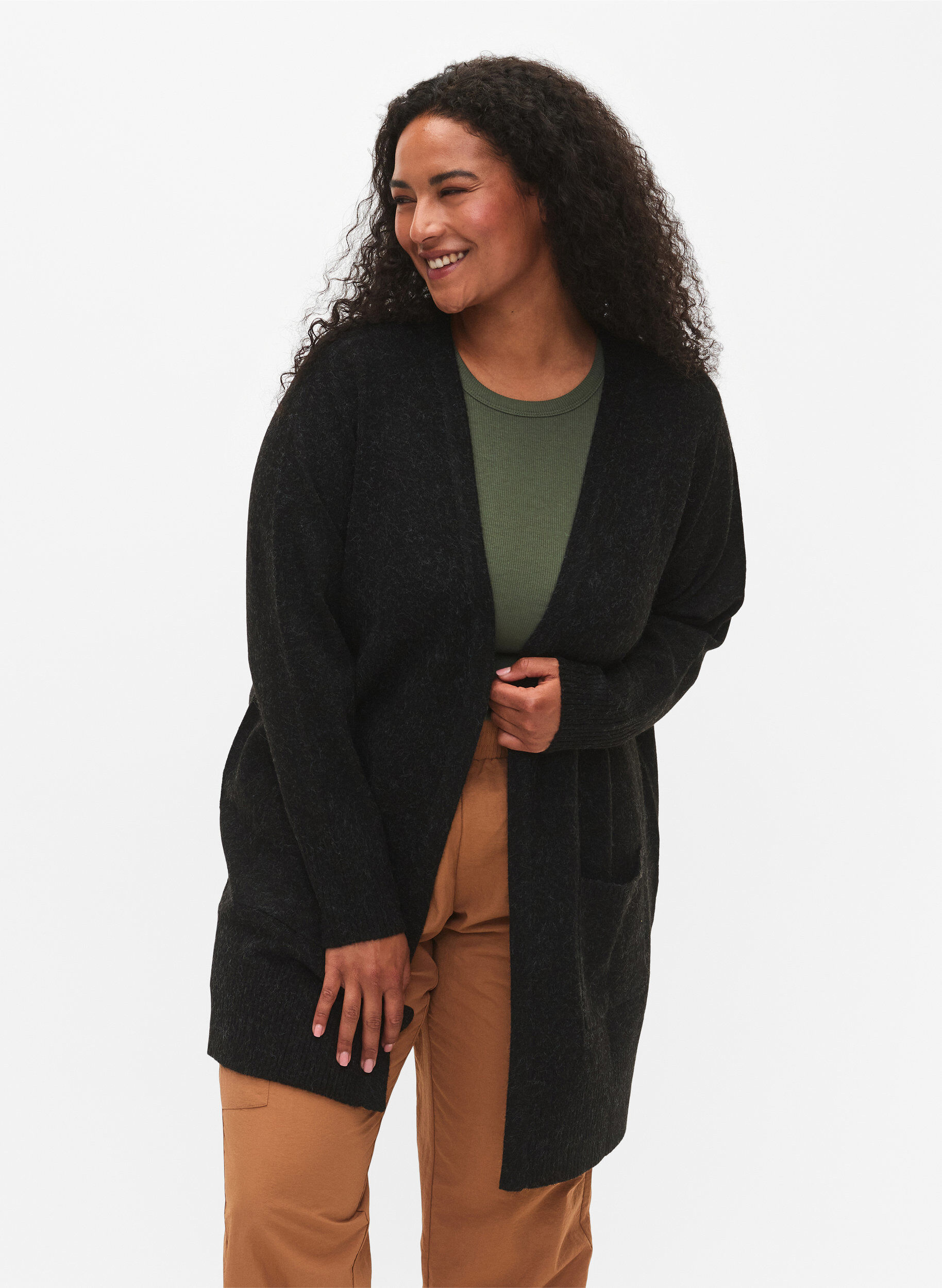 Ribbed Knit Cardigan with Pockets, Dark Grey, Model