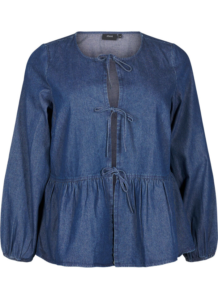 Peplum blouse in denim with a tie fastening, Blue, Packshot image number 0