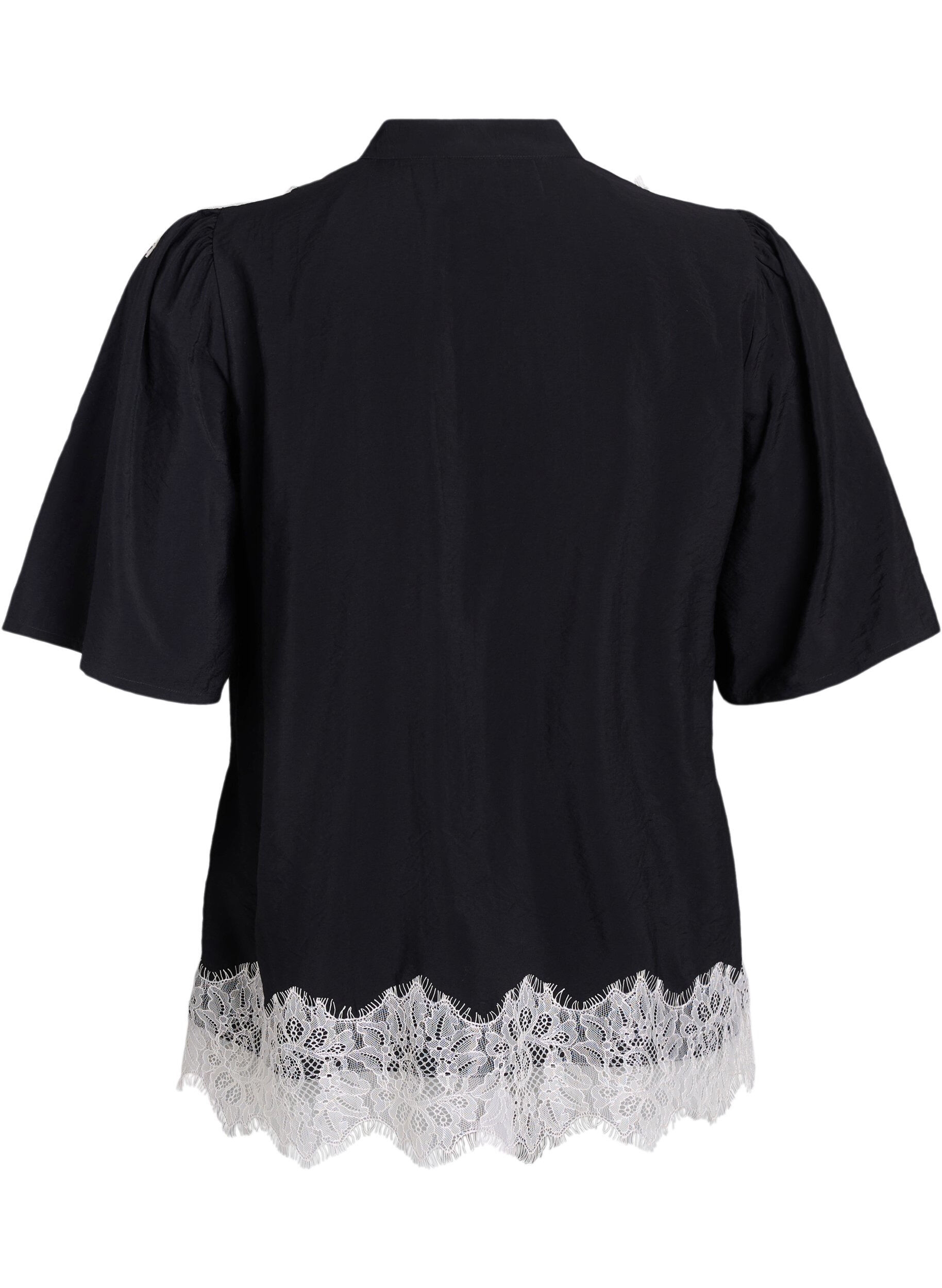 Zizzifashion Short-sleeved shirt blouse with lace details, Black, Packshot image number 1
