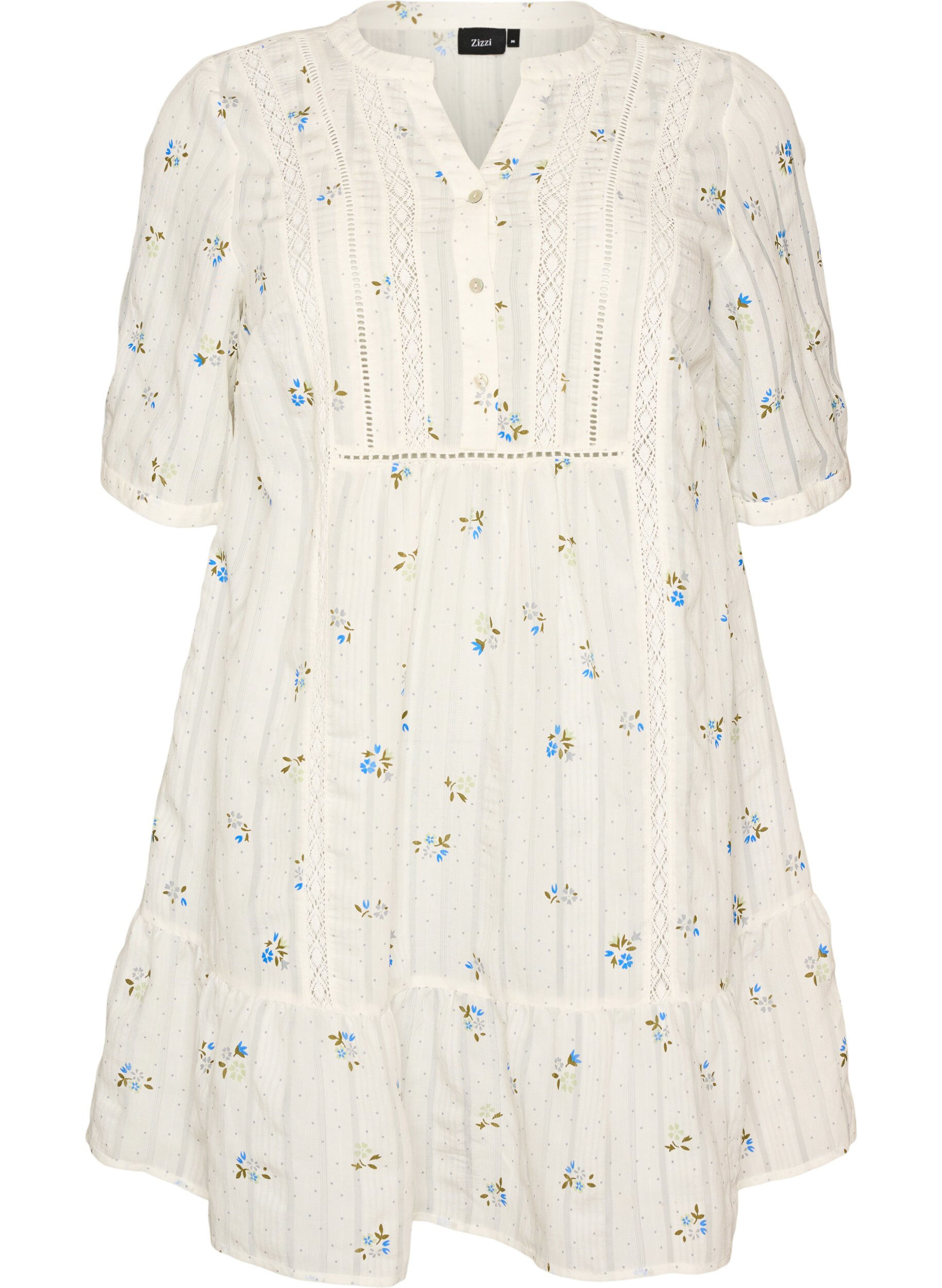 Zizzifashion Short viscose dress with lace trim and A-line cut, Vanilla, Packshot image number 0