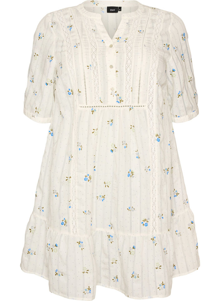 Short viscose dress with lace trim and A-line cut, Vanilla, Packshot image number 0