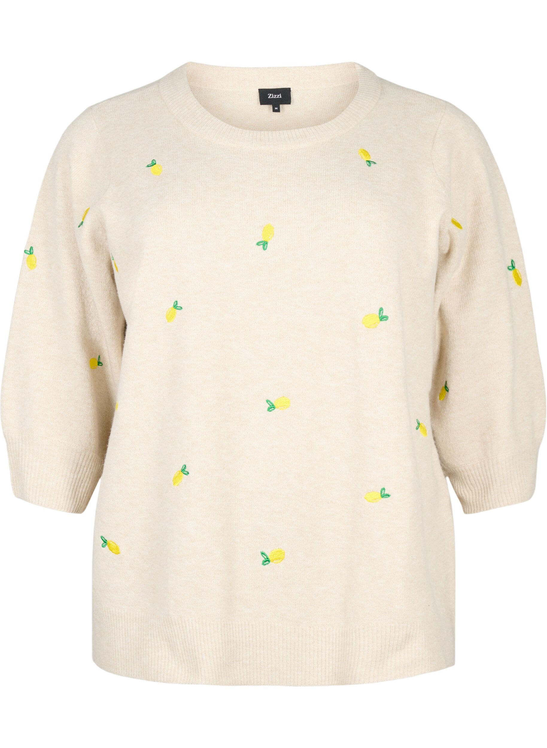 Zizzifashion 3/4 sleeve knitted blouse with lemons, P. Stone Mel. Lemon, Packshot image number 0