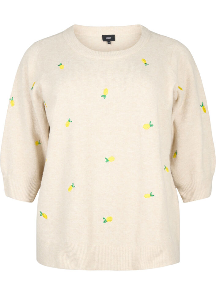 3/4 sleeve knitted blouse with lemons, P. Stone Mel. Lemon, Packshot image number 0