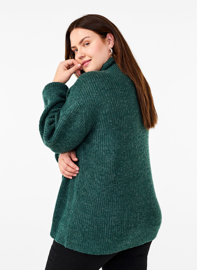 Knitted sweater with high neck and zipper, Green, Model image number 2