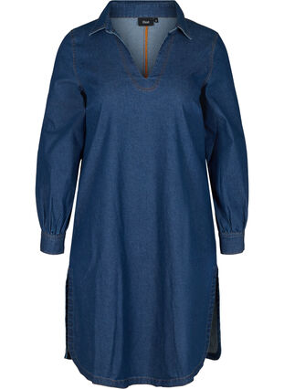 Denim dress with side slits and V-neck, Blue denim, Packshot image number 0