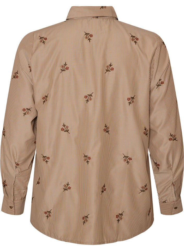Striped shirt with embroidered flowers, Brown, Packshot