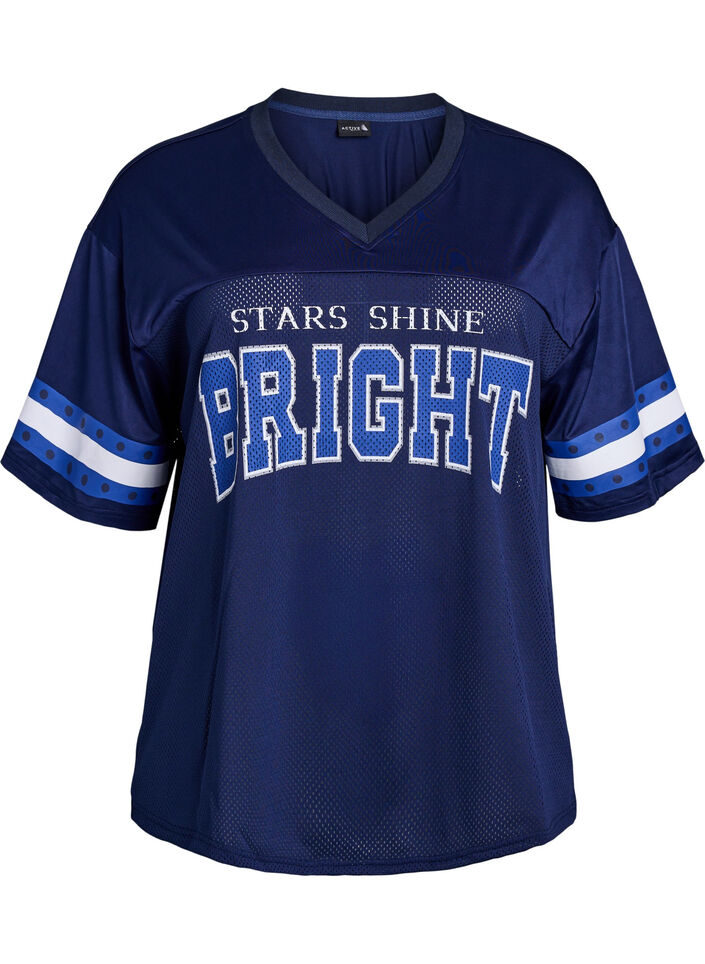 Workout t-shirt with a V-neck and front print, Blue, Packshot image number 0