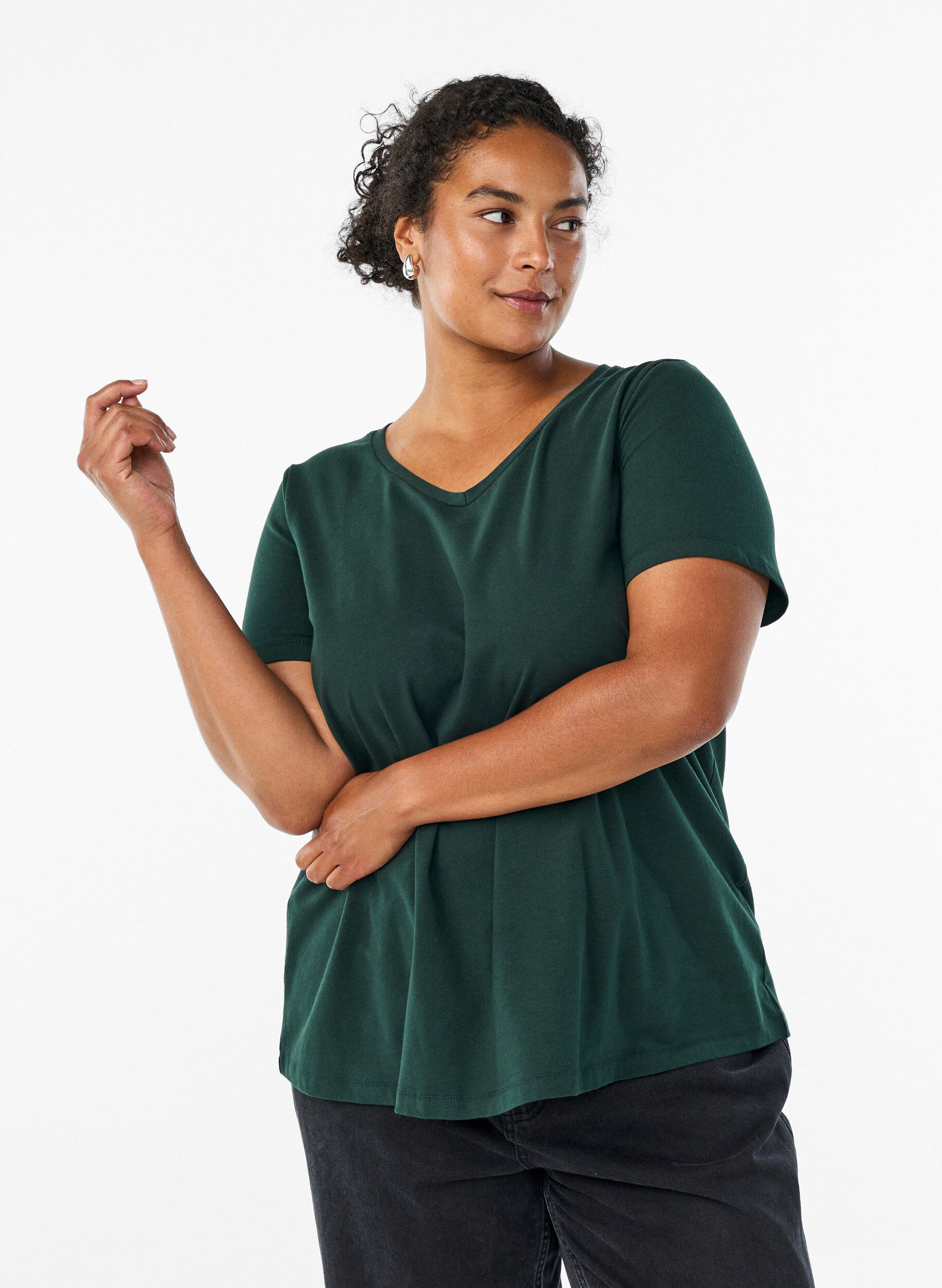 Basic plain cotton t-shirt, Green, Model